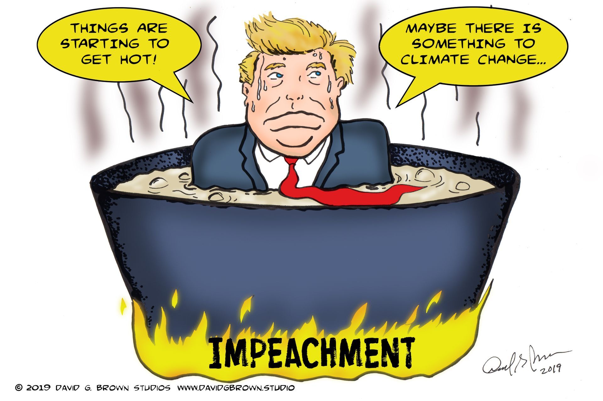 Cartoon of Trump in a boiling pot labeled 