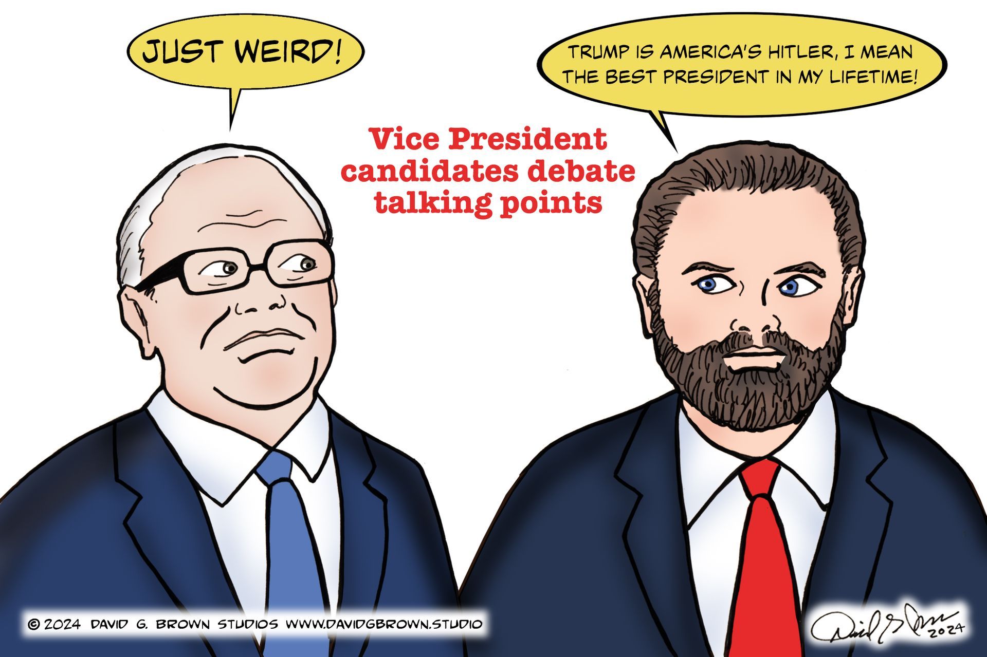 Political cartoon: Two men, possibly vice presidential candidates, with speech bubbles. One says 