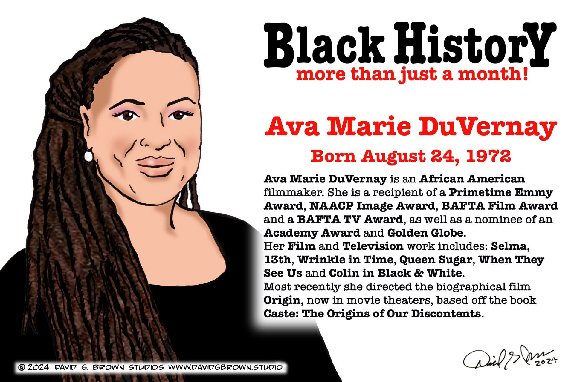Illustration honoring Ava Marie DuVernay. She is in a drawing, has long braids and is smiling. Text describes her achievements.