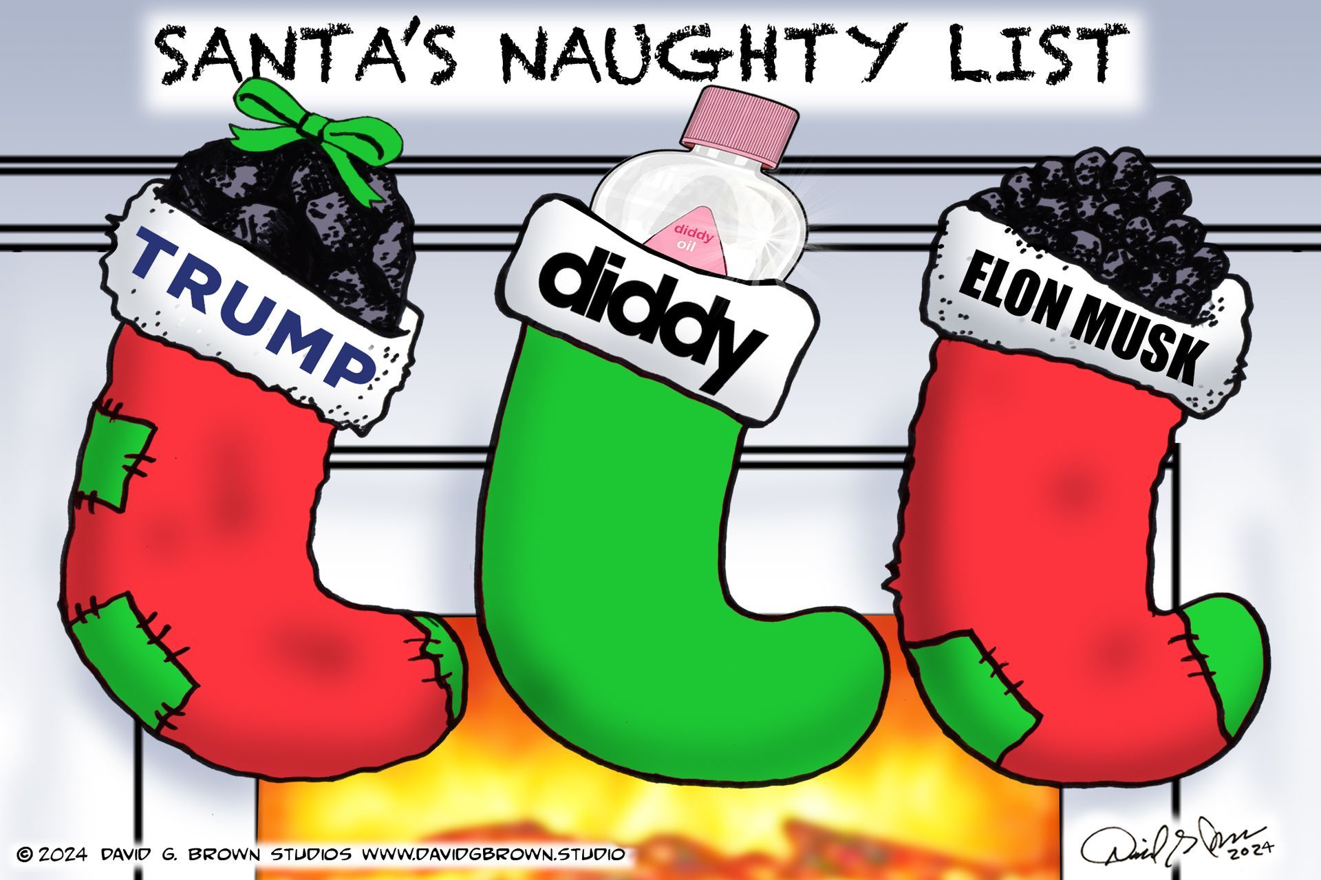 Santa's Naughty List: stockings for Trump, Diddy, and Elon Musk.
