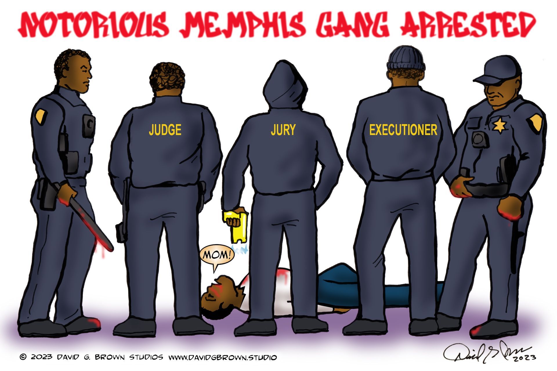 Cartoon: Police officers standing over a dead Black man, labeled 