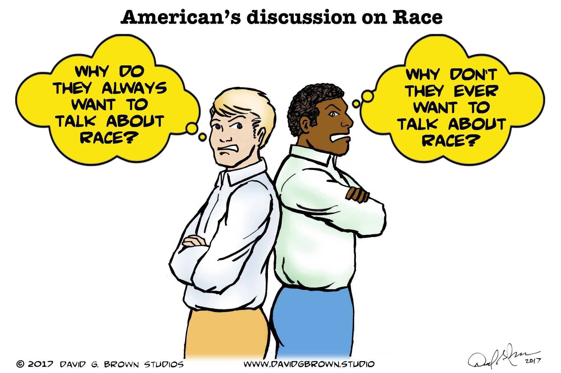 Cartoon: A white and Black man stand back to back, each with arms crossed, thinking different questions about race.