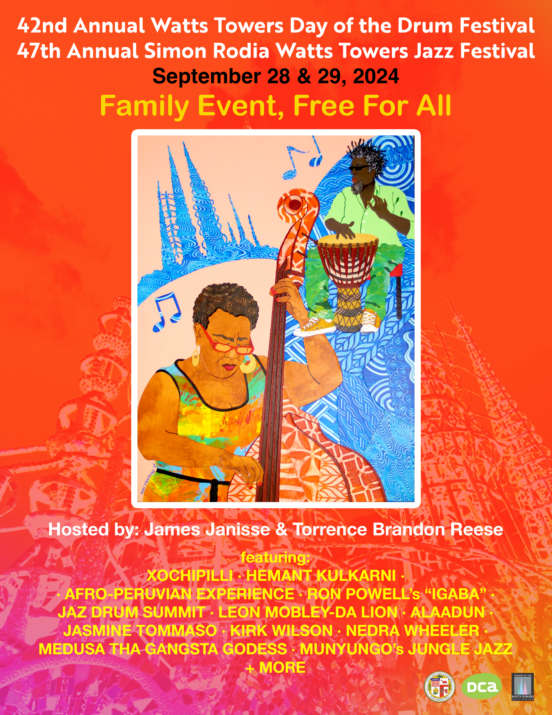 A daylong celebration featuring international percussion: Latin, Japanese, African, Jazz, Native American, and other drummers. Tours of the Watts Towers will be offered throughout the day.