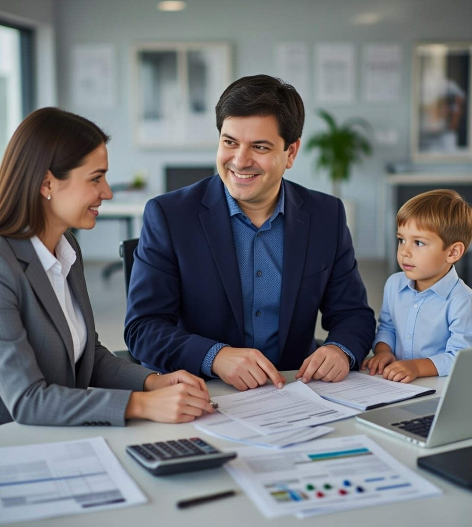Woman and man reviewing documents with a child at a desk; they are smiling.