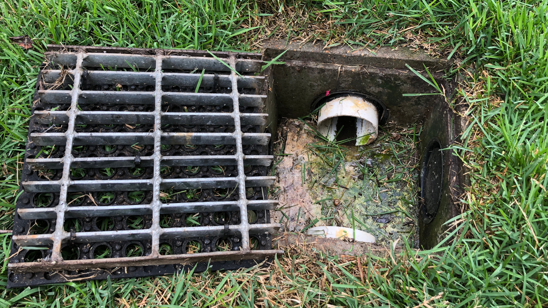 Metal grate partially covering a drain opening in grassy ground. The drain contains debris and a white pipe.