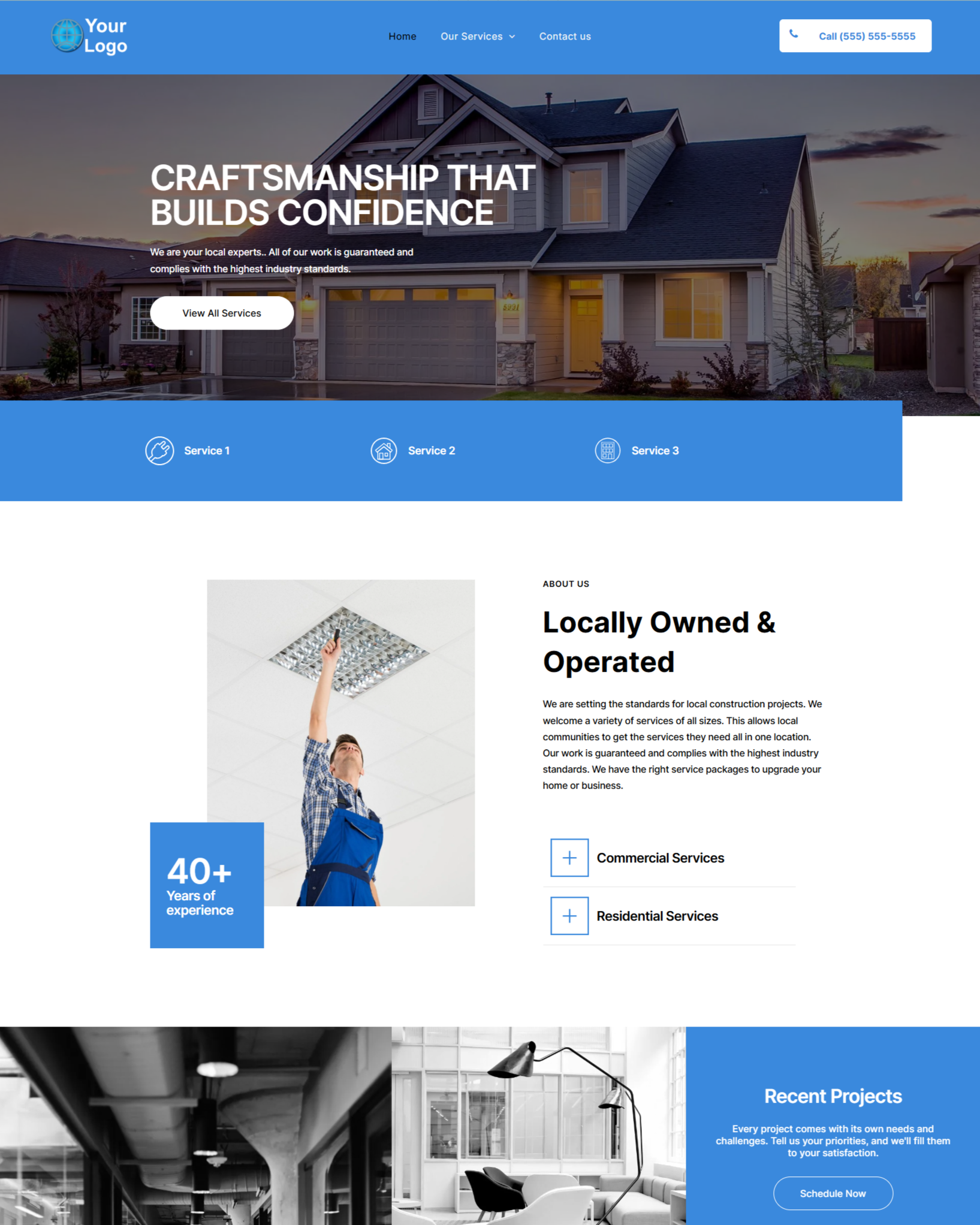 Website home page with a house, worker, and text highlighting craftsmanship and local ownership.
