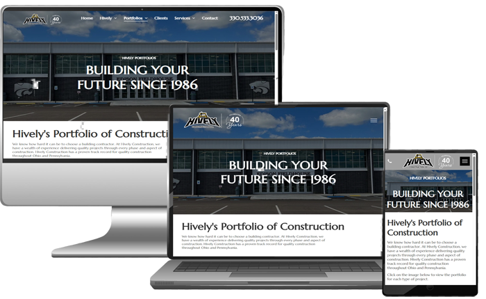 Website design for Hively's Portfolio of Construction on a desktop, laptop, and phone, showing a building.