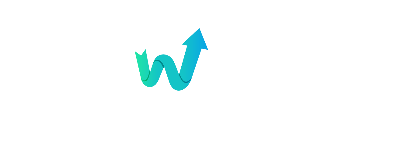 A teal and blue upward-pointing arrow shaped like a wavy
