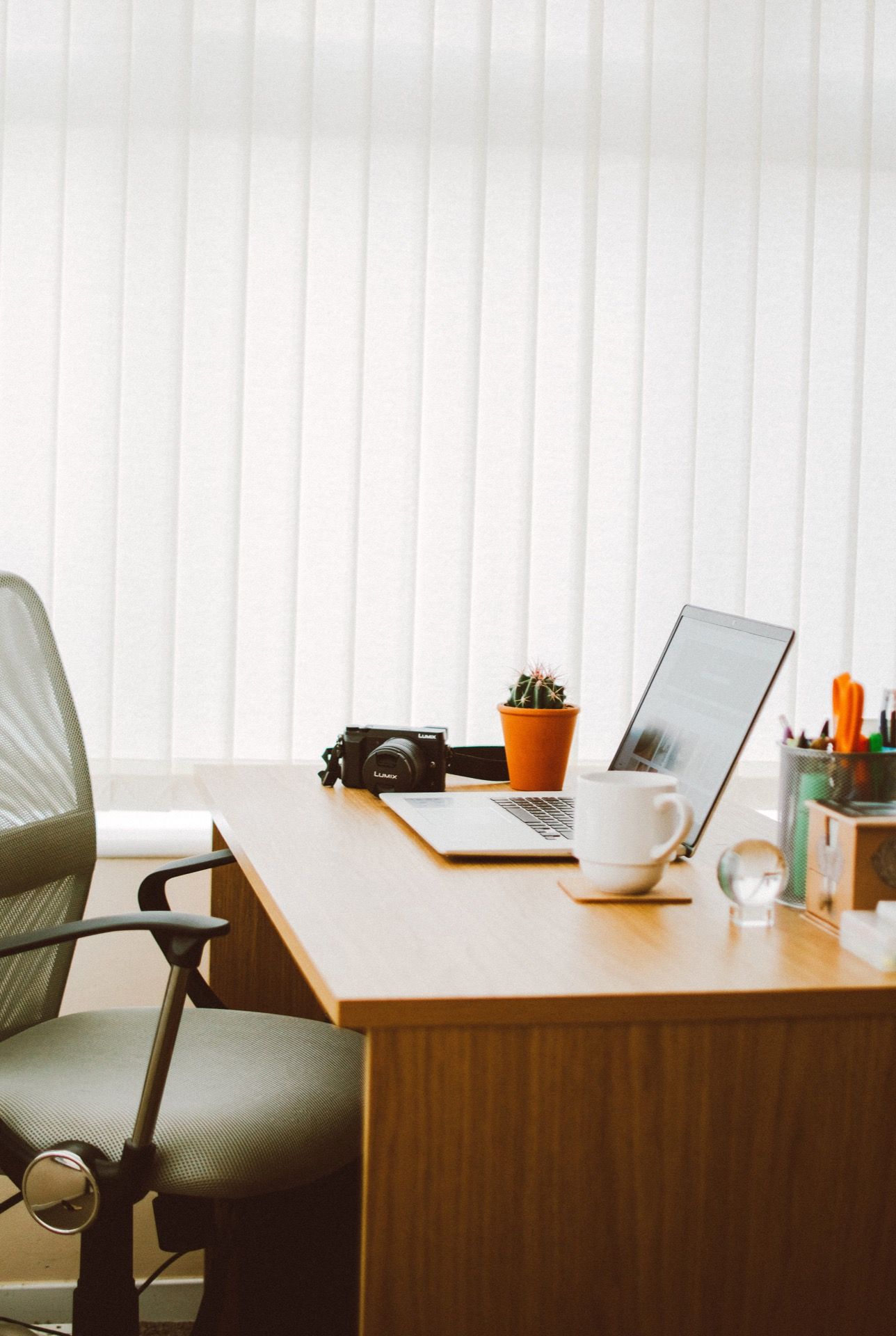 Office desk with laptop, camera, cactus, and coffee cup, near a window with vertical blinds.