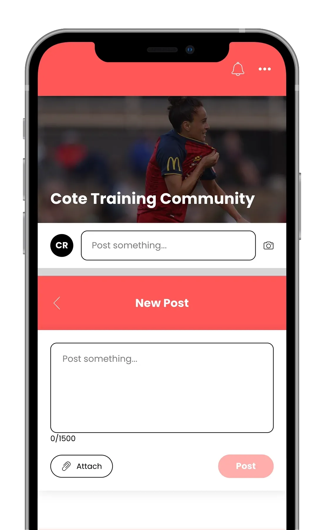 Cote Training Community mobile app screen showing New Post form with text field and post button