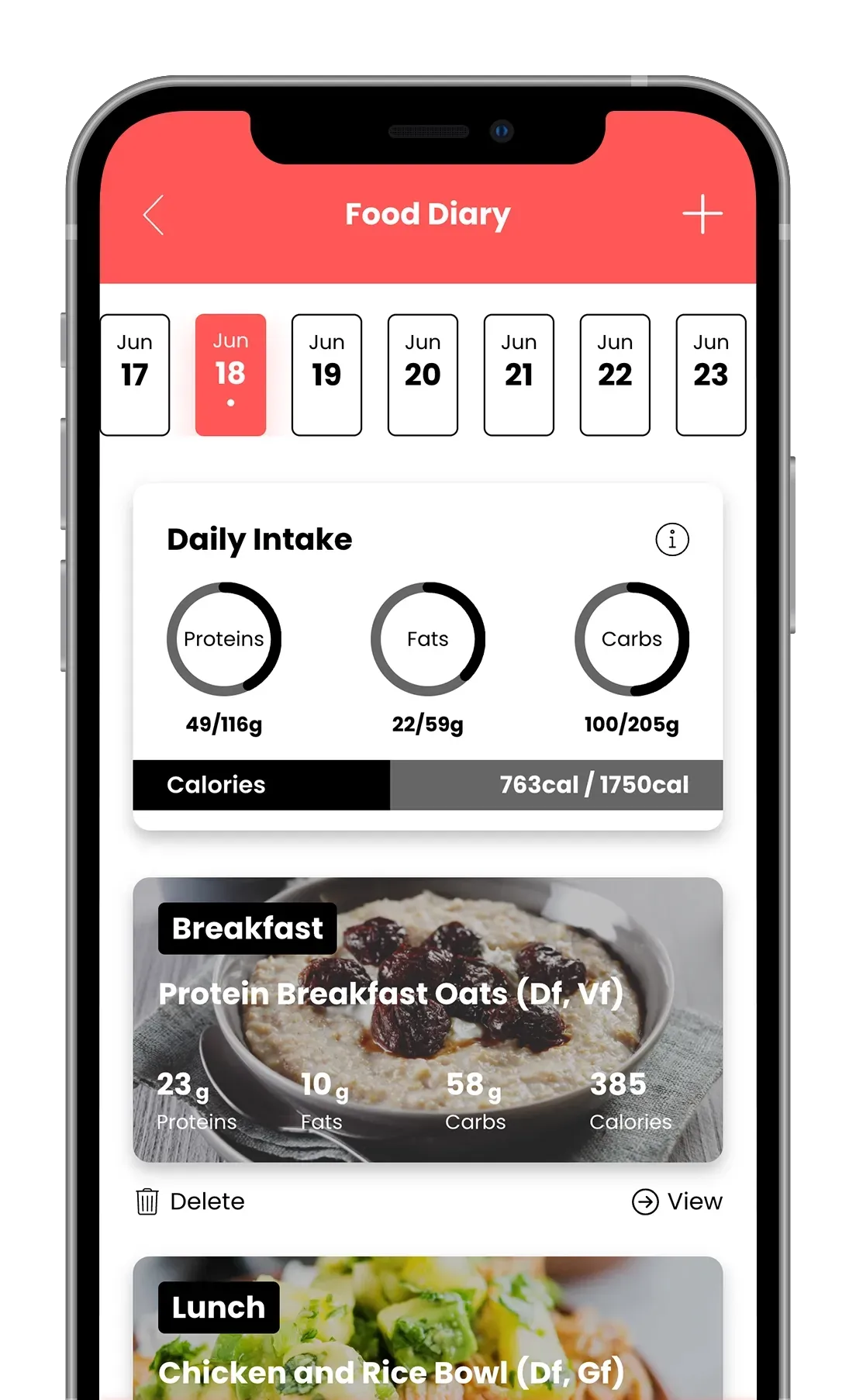 Food diary app screen with daily intake charts, calorie summary, and meal entries like breakfast and lunch.