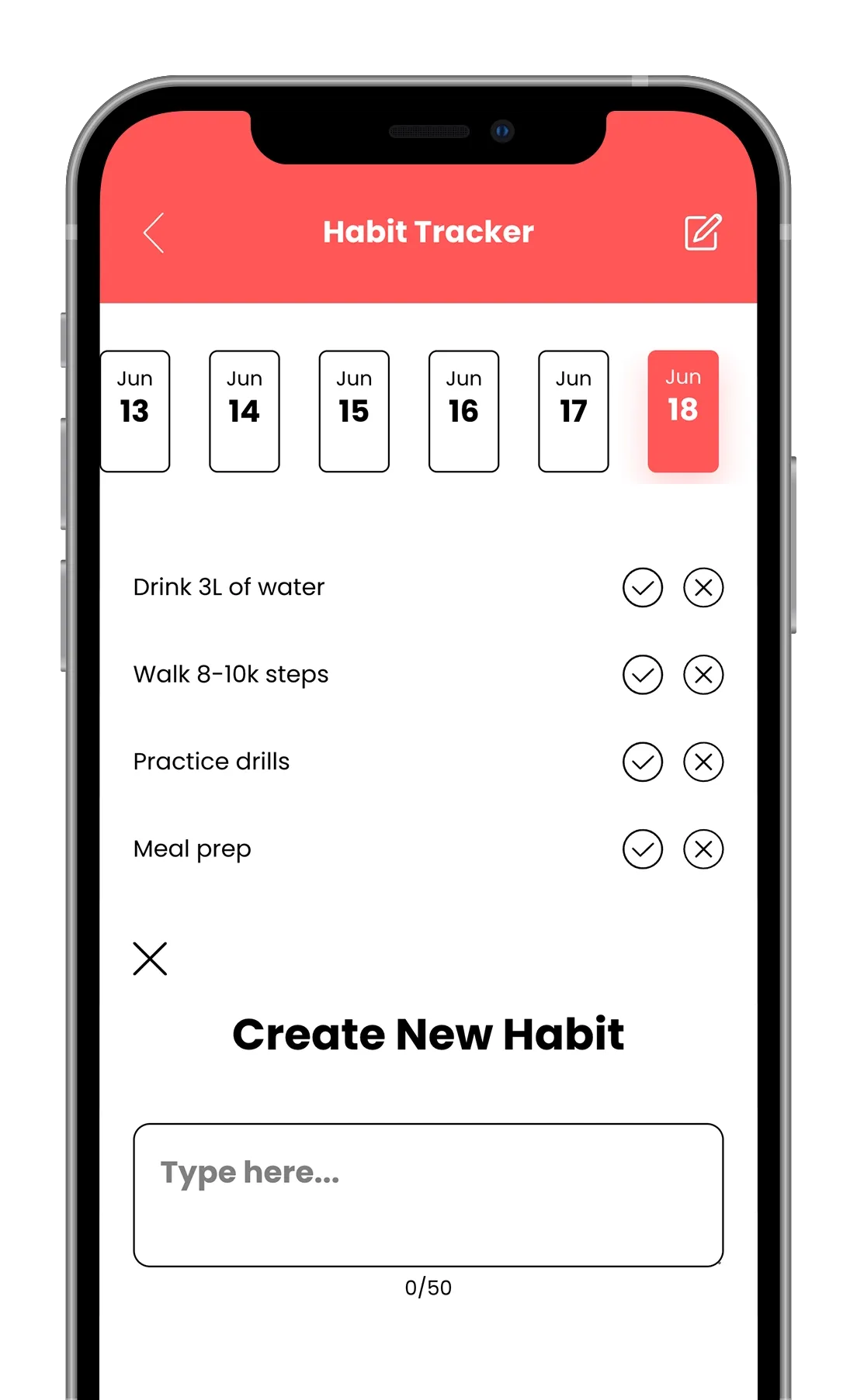 Mobile habit tracker app screen with weekly dates and a “Create New Habit” form in red and white.