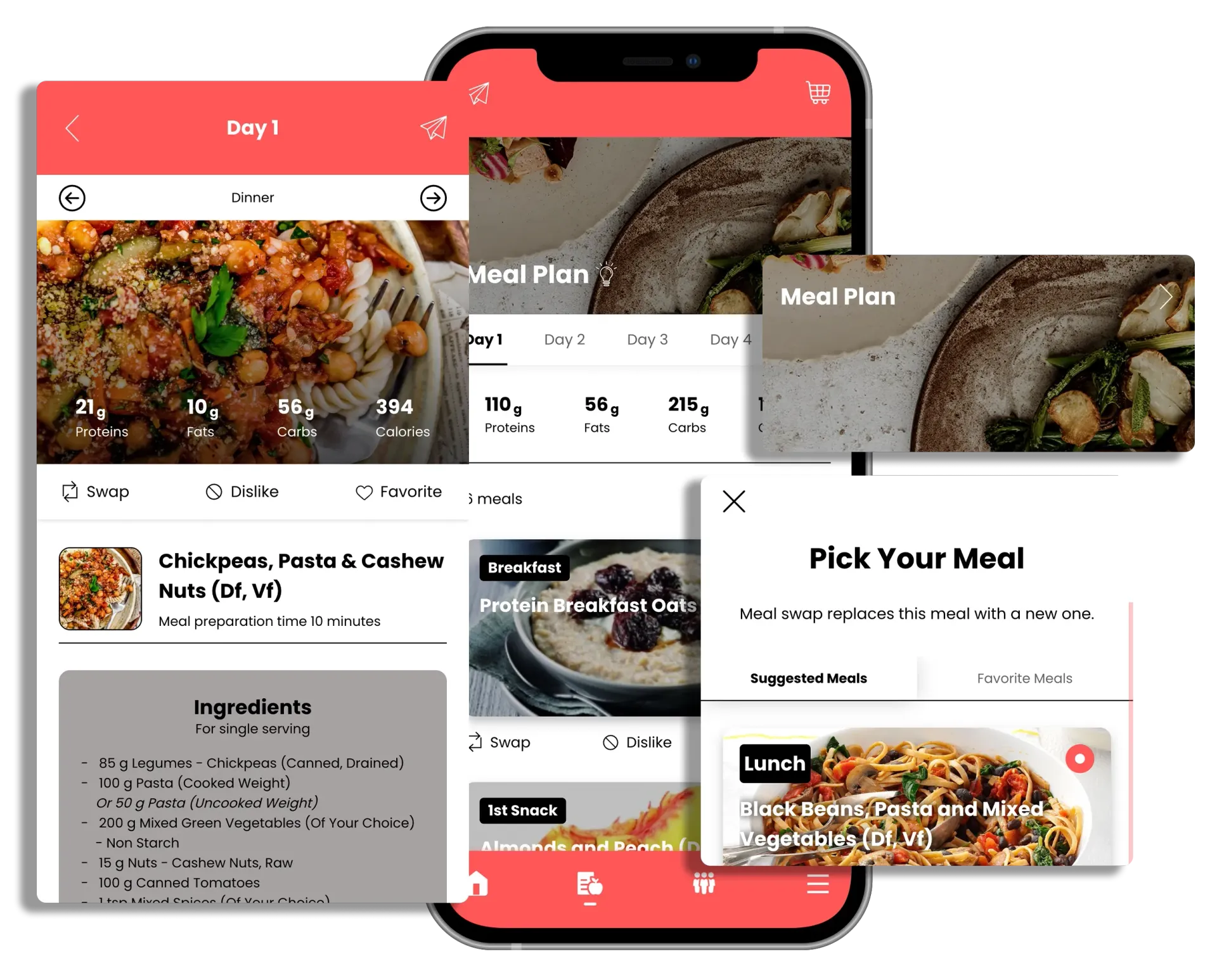 Collage of a meal-planning app showing recipe photos, ingredient lists, and meal selection screens on a phone.