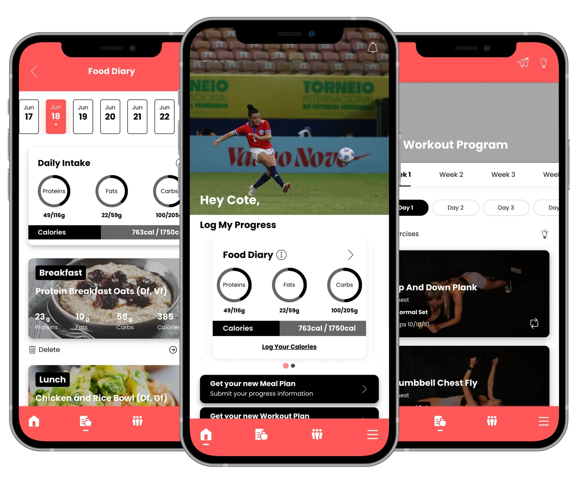 Three smartphone app screens with red accents showing football fitness app.