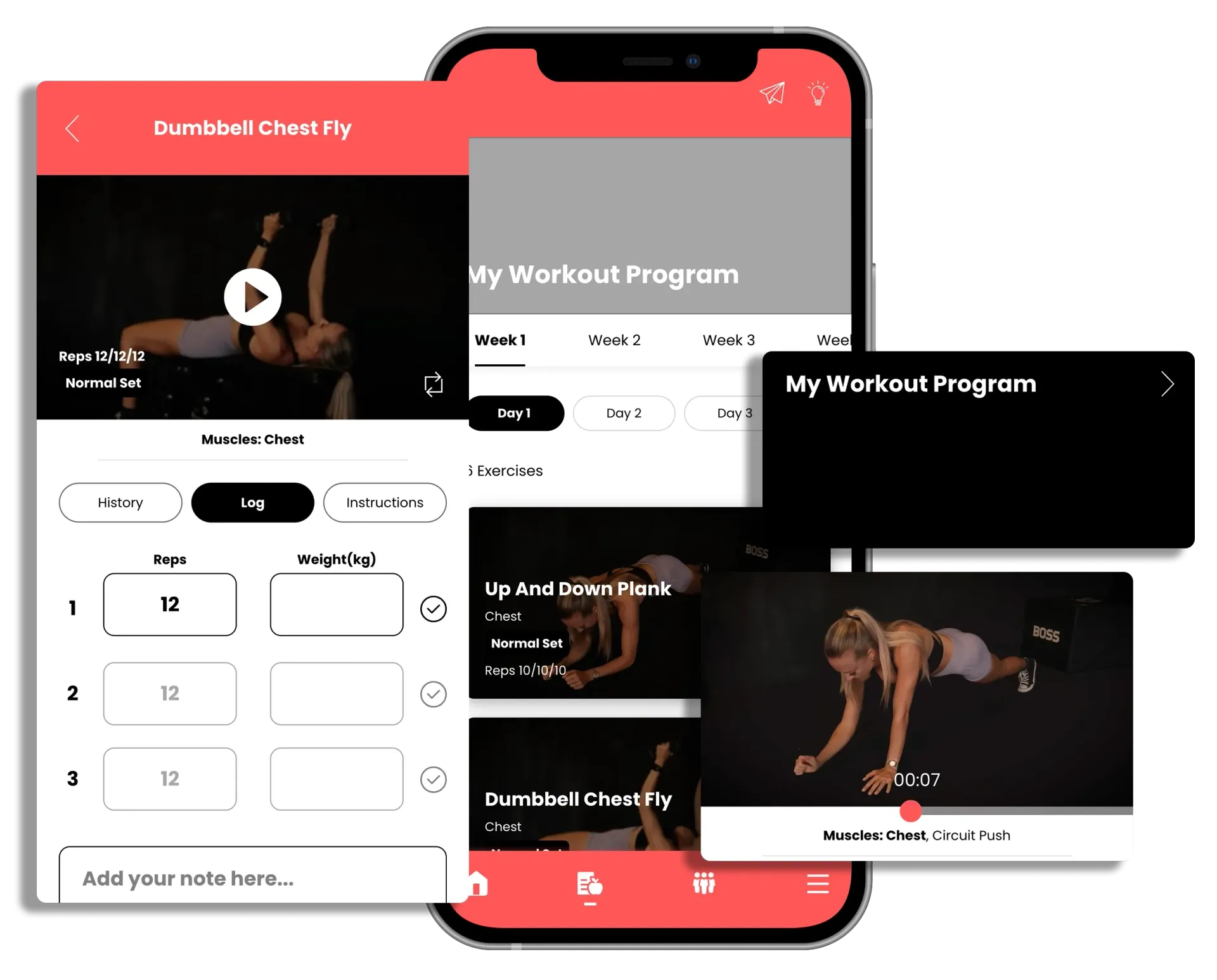 Fitness app screens on a red smartphone, showing workout videos and schedule cards