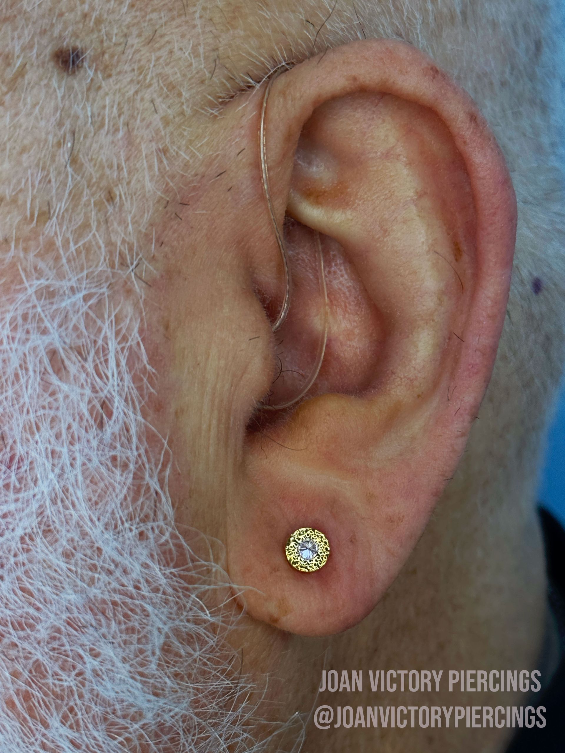 Ear with small gold-colored stud earring; older person's skin with gray hair.