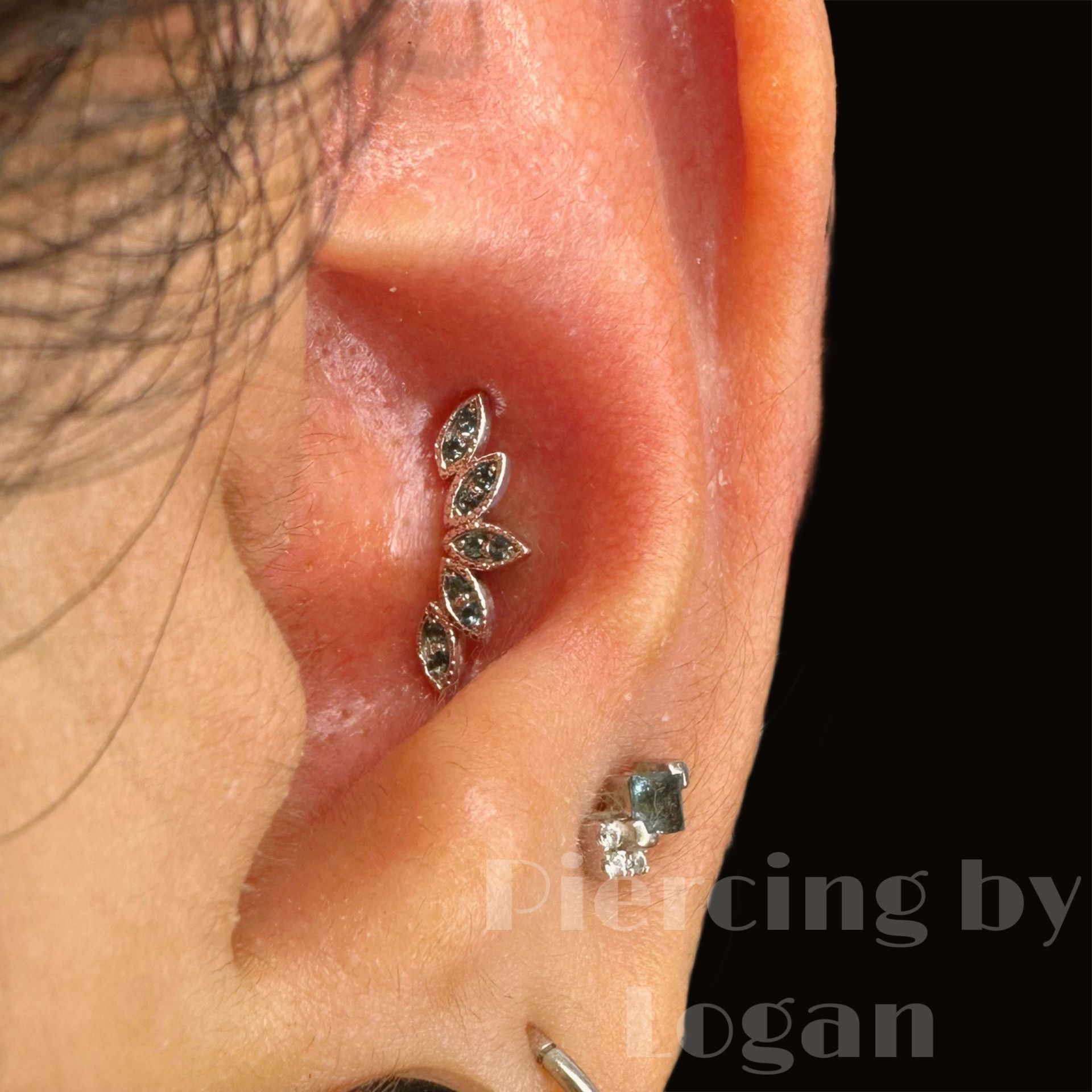 Close-up of a person's ear with multiple piercings, including a curved cluster of small dark gems.