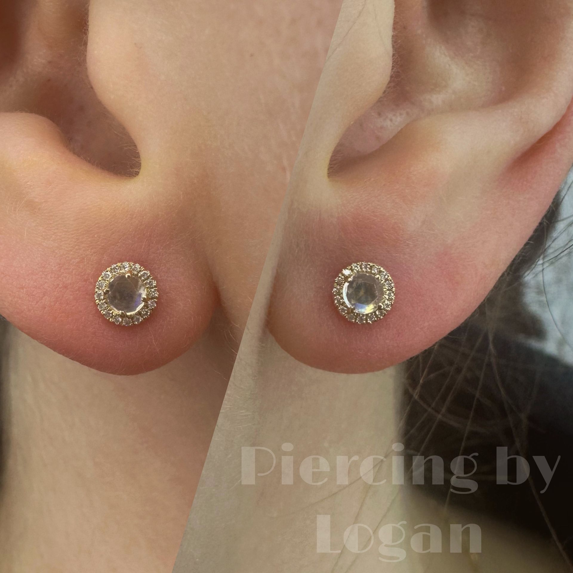 Two ears with small, round, jeweled earrings.