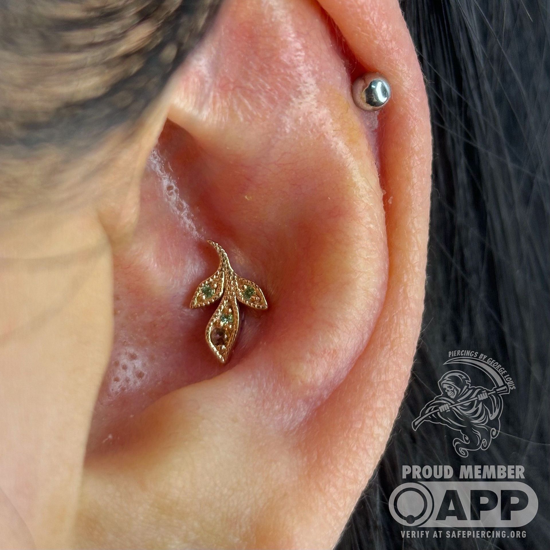 Ear with a gold leaf-shaped piercing with small green gems, and a silver stud on the upper ear.