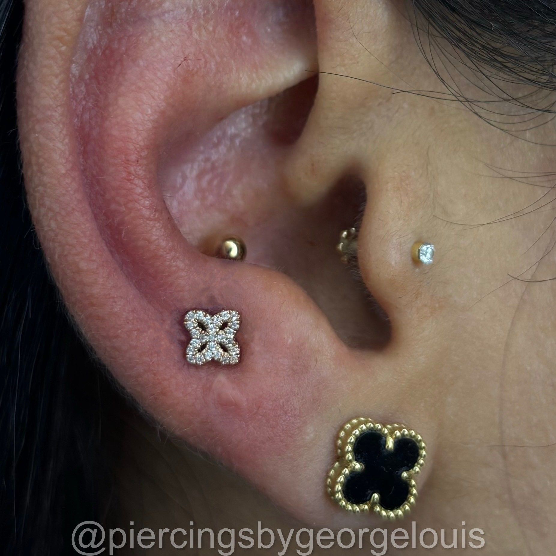 Ear with multiple piercings, including a diamond-studded clover, gold studs, and a black clover earring.