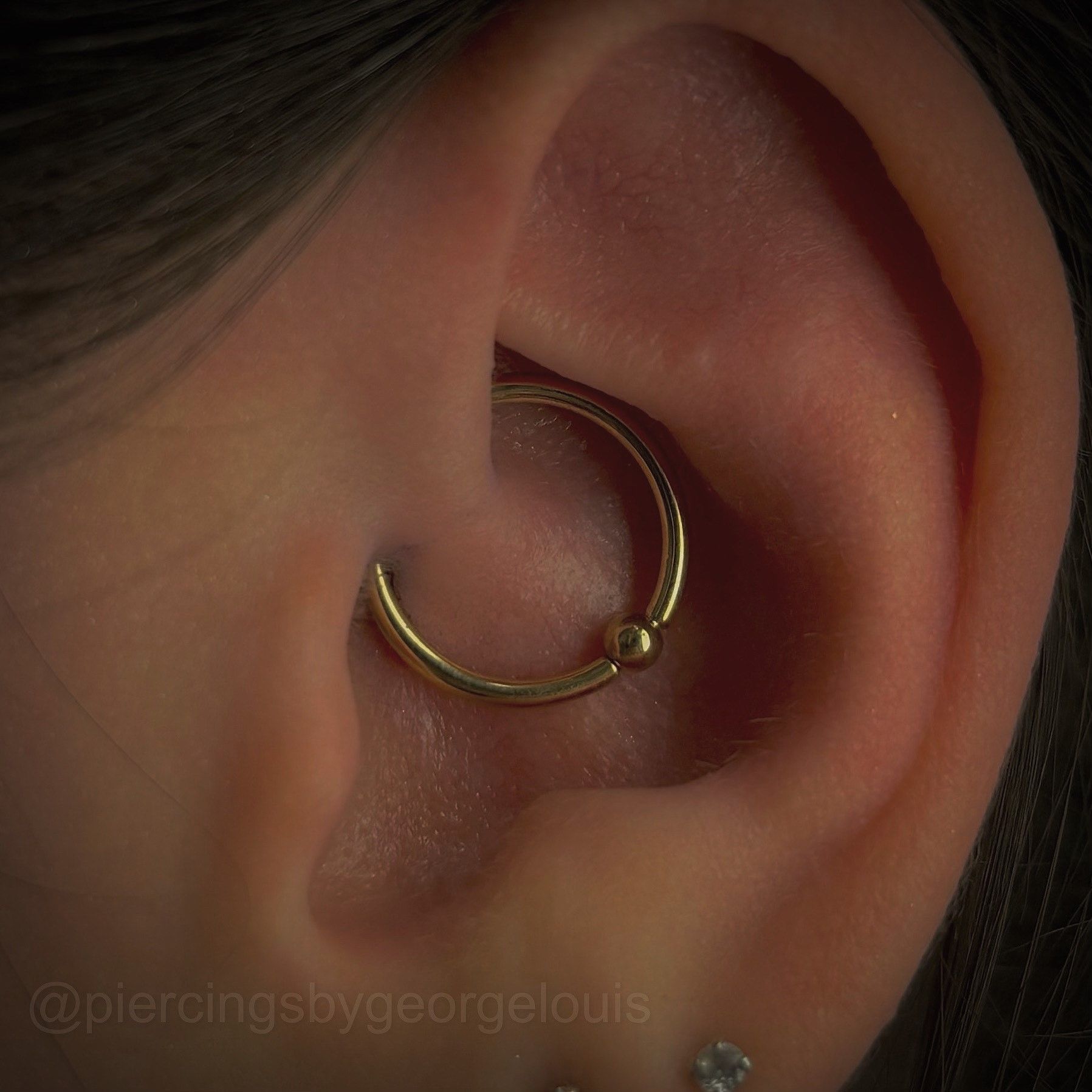 Gold hoop earring in a person's daith piercing on their ear.
