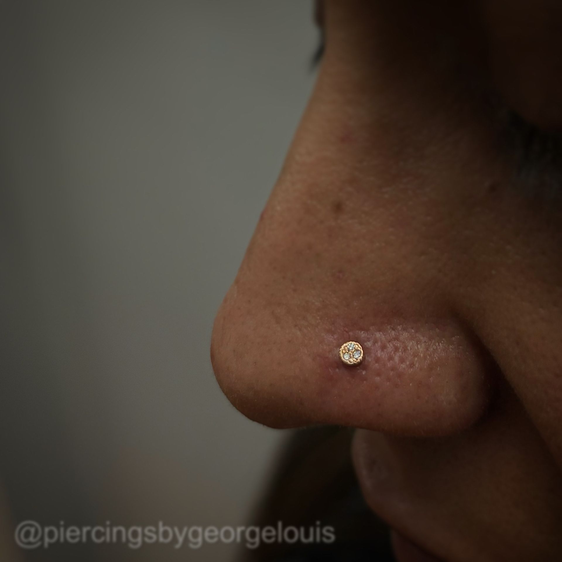 A nose with a gold stud nose piercing in the right nostril.