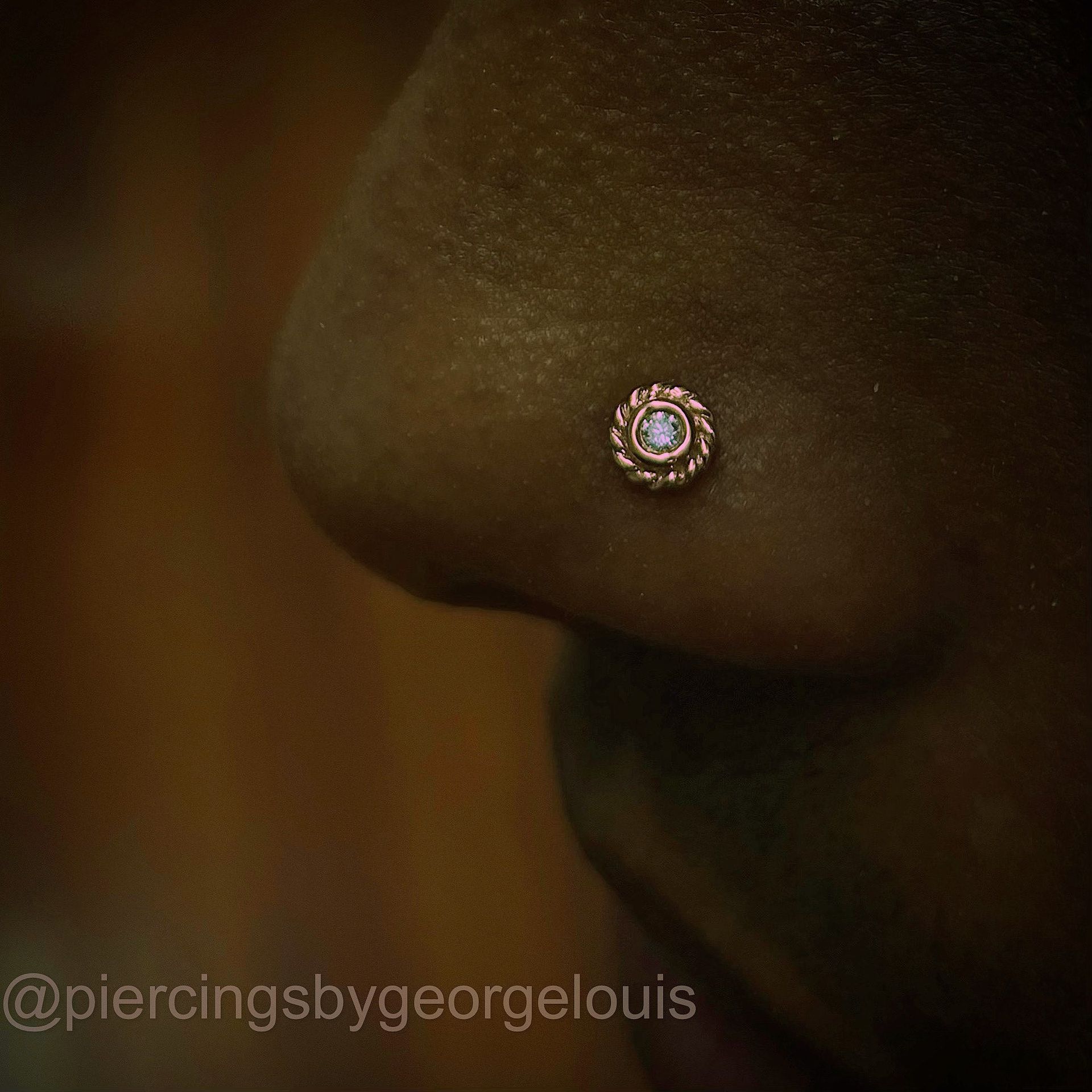Close-up of a nose with a small, rose gold nose stud with a central gem.