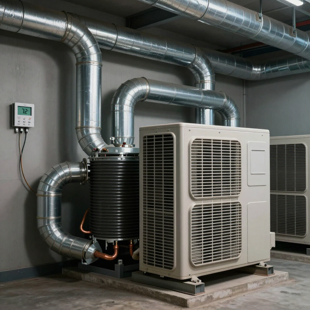 Industrial HVAC equipment and ductwork in a utility room with metal pipes and ventilation units