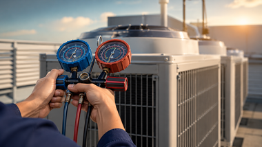 Hands holding blue and red gauges connected to an outdoor HVAC unit at sunset