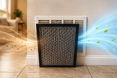 Air purifier on tiled floor filtering dusty air into clean blue air indoors