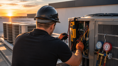 Technician repairing rooftop HVAC unit at sunset, with gauges and tools visible.