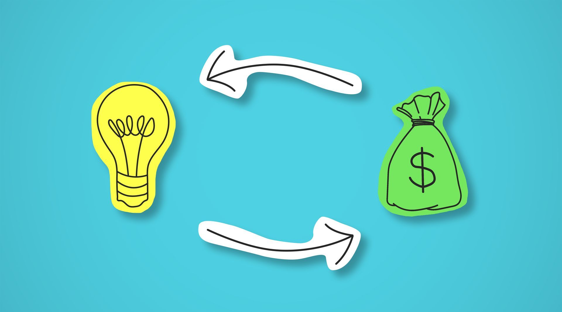 A light bulb , arrows and a bag of money on a blue background.