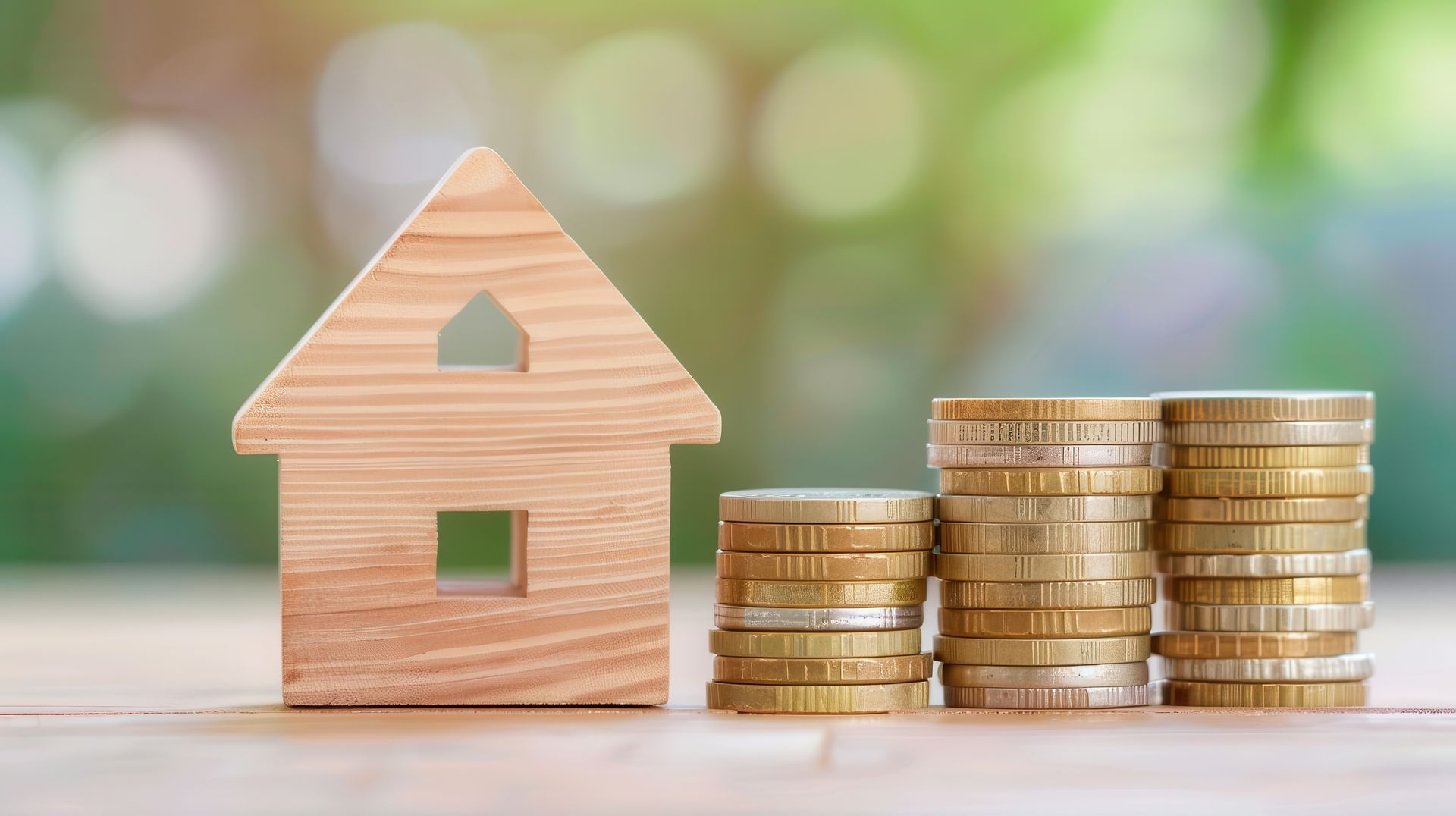 A wooden house is sitting next to stacks of coins on a wooden table.