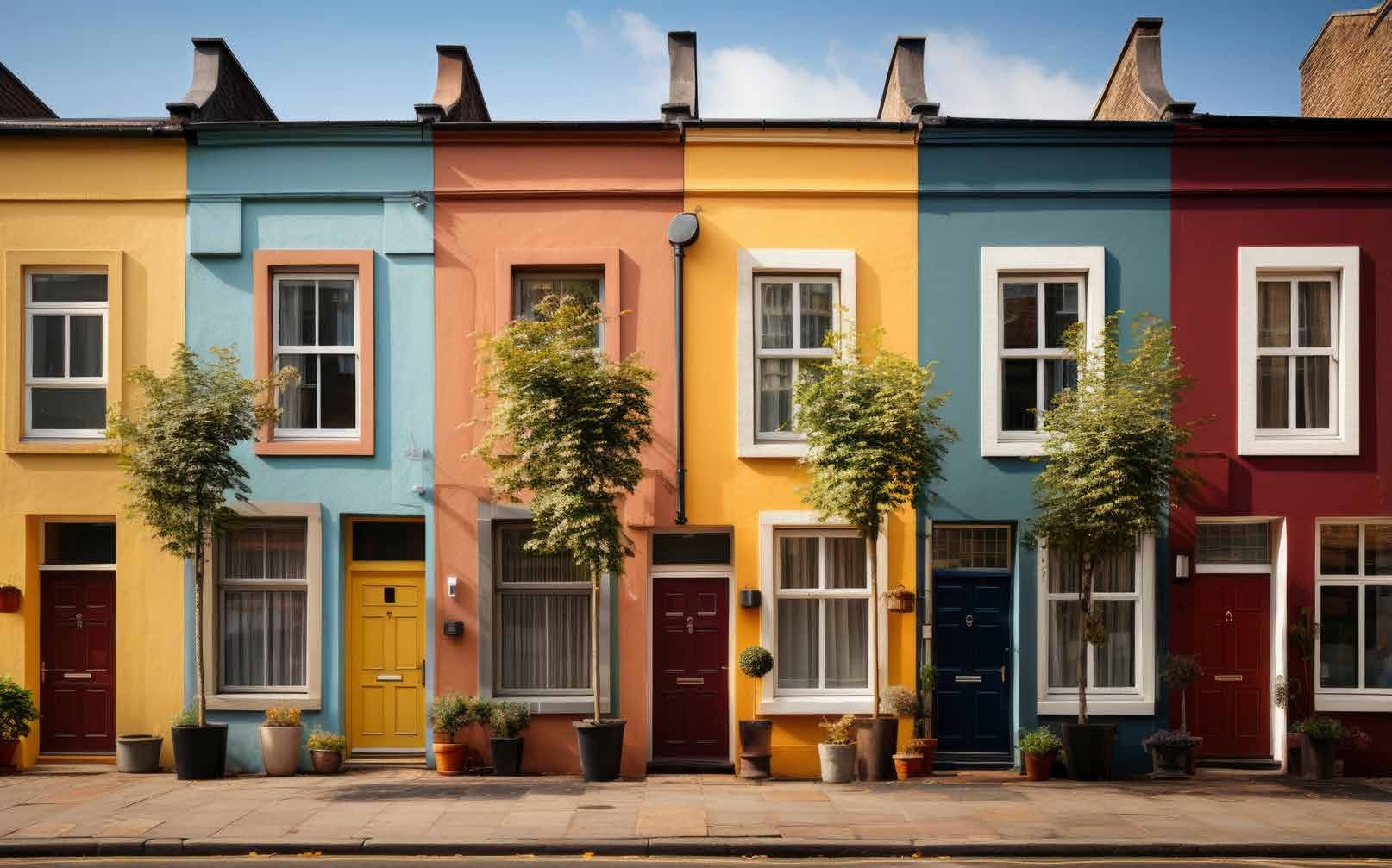 A row of colorful houses are lined up on a street.