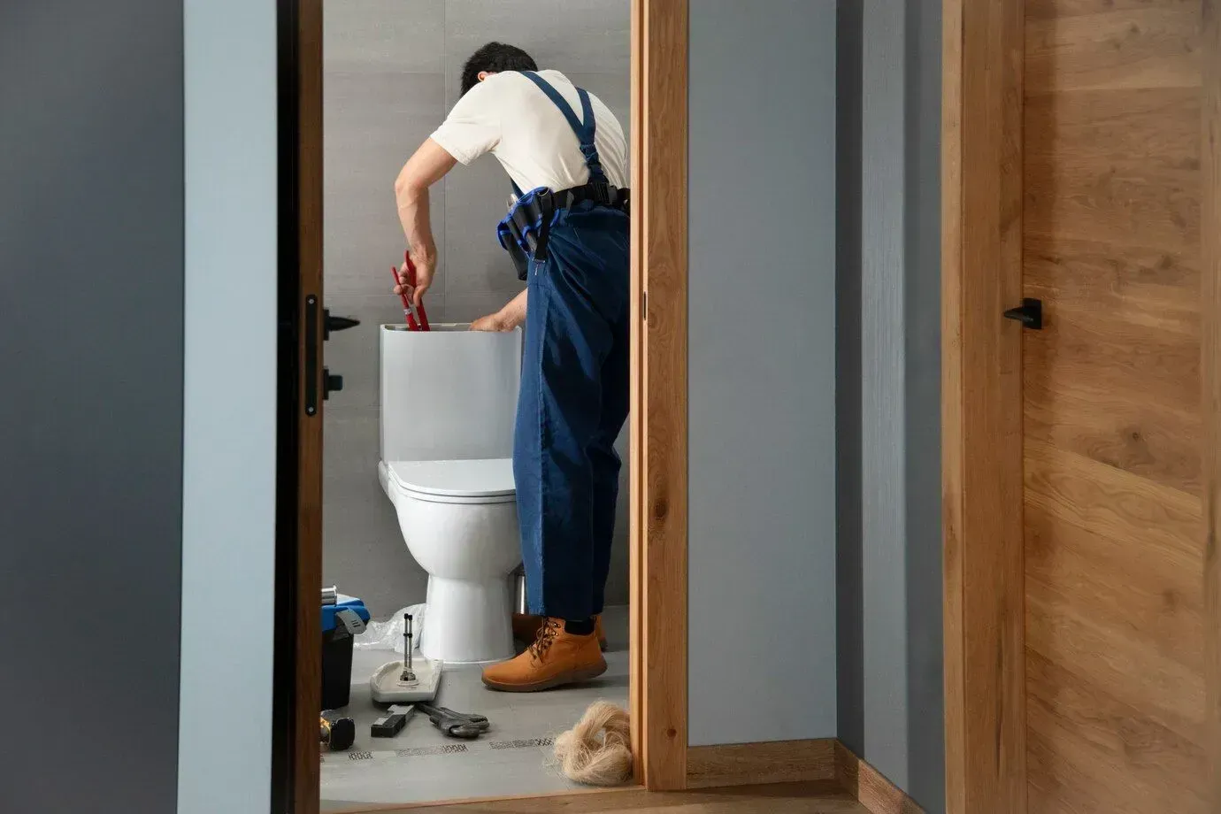 A plumber is fixing a toilet in a bathroom.