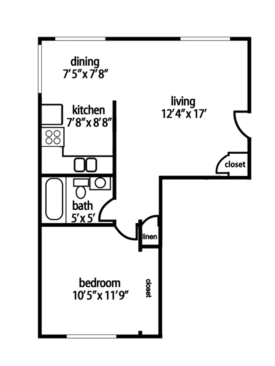 Floor plan of an apartment with a bedroom, living room, kitchen, dining area, and bathroom.