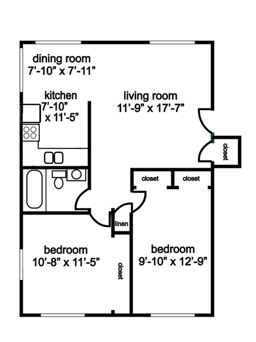 Floor plan of an apartment with two bedrooms, a kitchen, a living room, and a dining room.