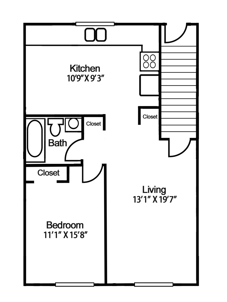 Floor plan of a one-bedroom apartment with a kitchen, bathroom, living room, and closet.