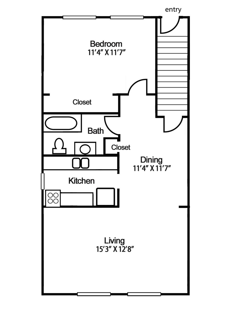Floor plan of a one-bedroom apartment with a living room, kitchen, dining room, bedroom, and bathroom.