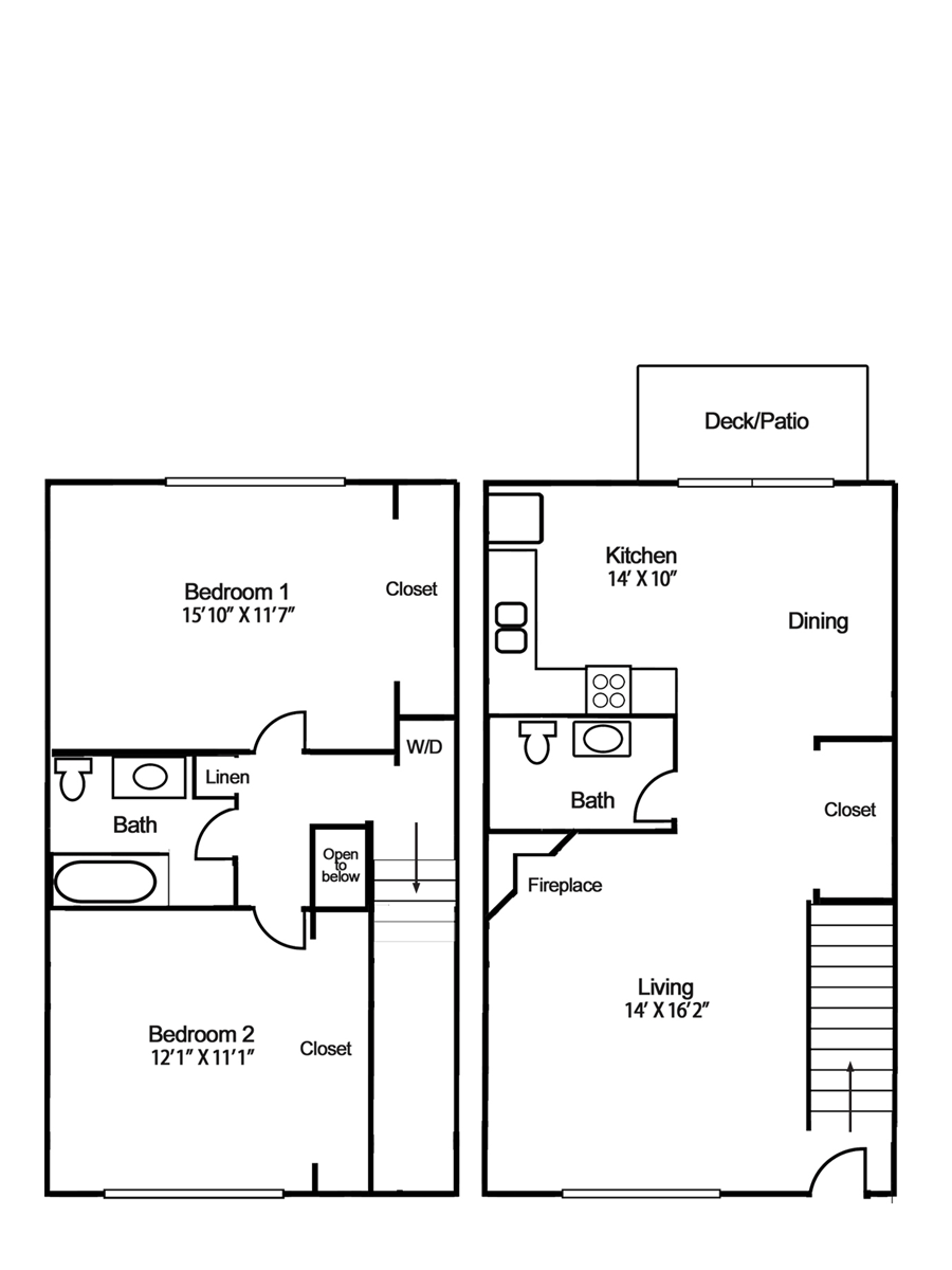 Floor plan of a two-story townhouse; features bedrooms, bathrooms, kitchen, living, and dining areas.