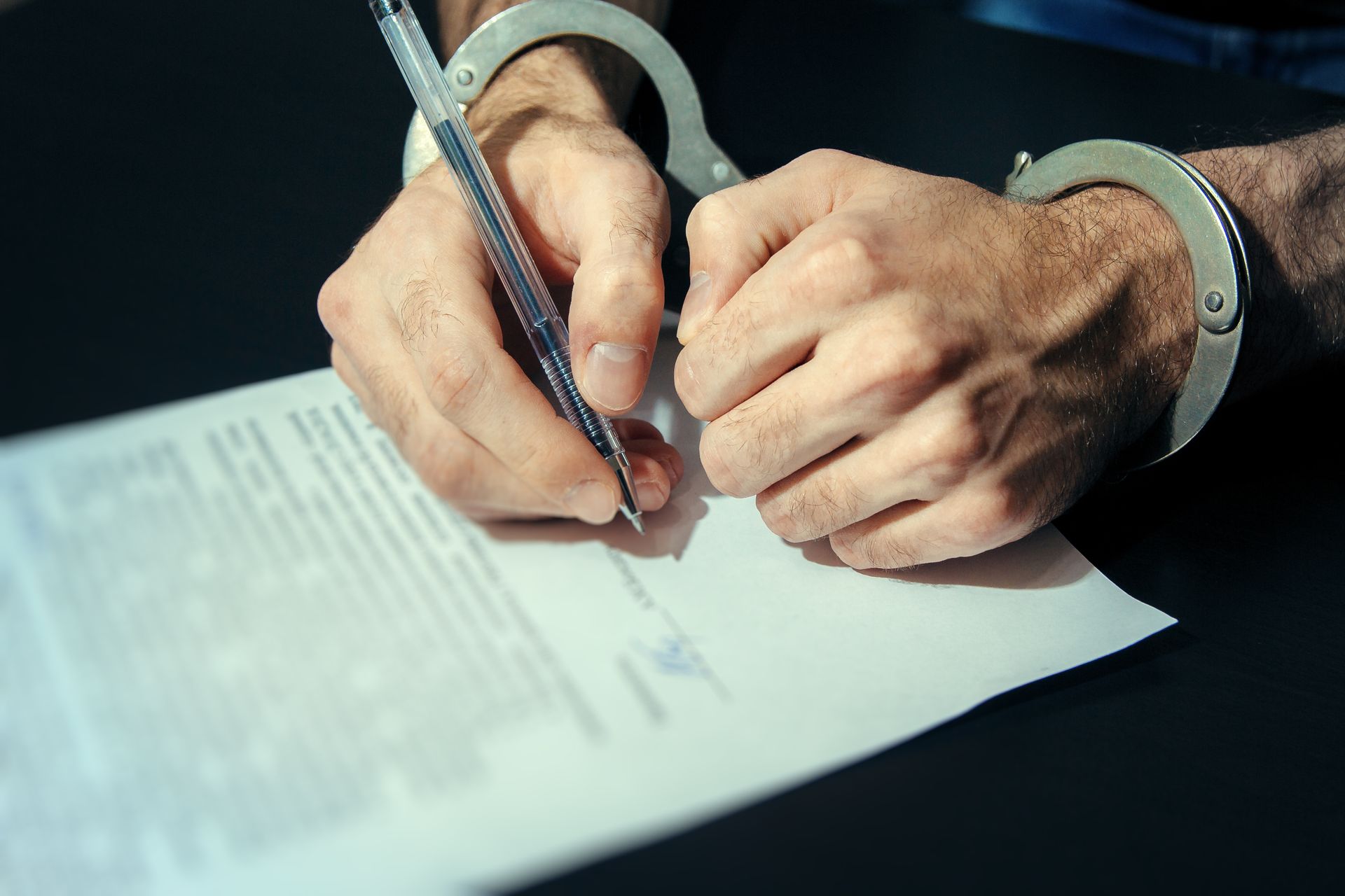 Hands in handcuffs signing a document with a pen on a table