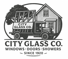 A black and white logo for city glass company with a double decker bus.