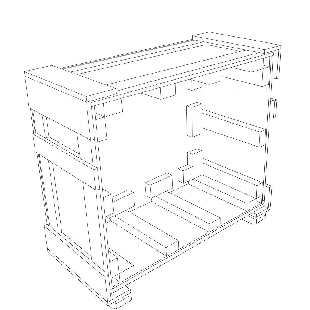 Outline of a wooden shipping pallet with a frame.