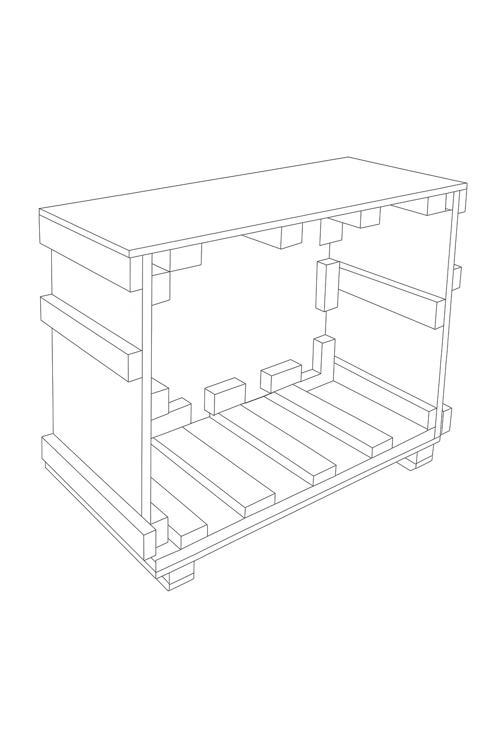 Line drawing of a wooden wine rack with multiple horizontal shelves and a flat top.