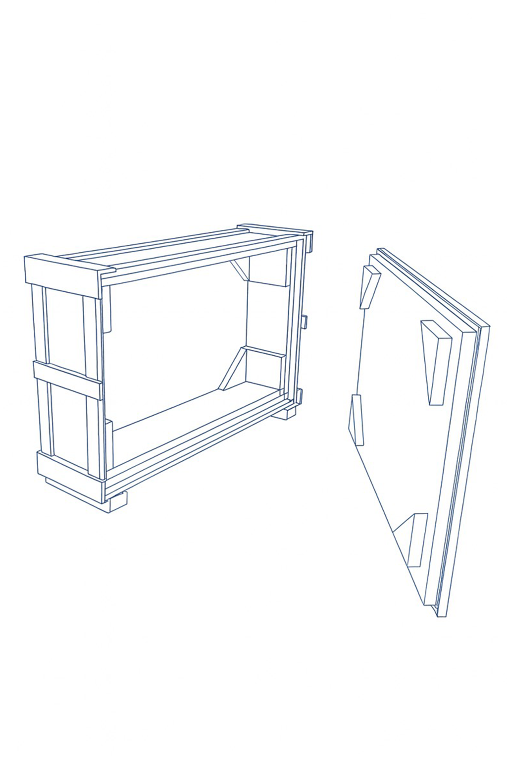 Wooden crate with a detached side panel.