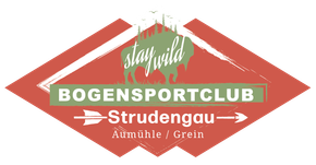 Logo für den Bogensportclub Strudengau, mit Text, Pfeil und einem Bison in einer roten Raute.