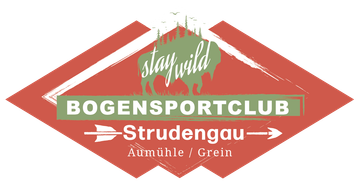 Logo für den Bogensportclub Strudengau, mit Text, Pfeil und einem Bison in einer roten Raute.