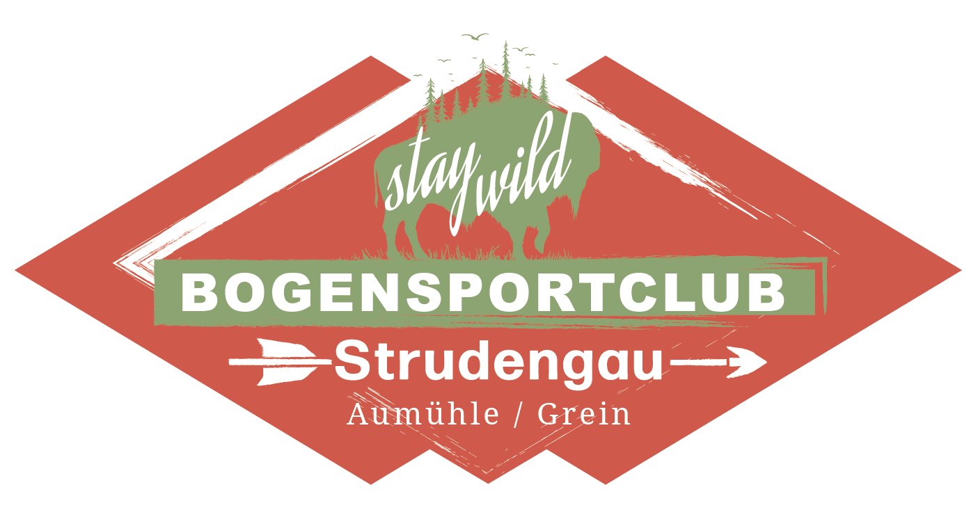 Logo für den Bogensportclub Strudengau, mit Text, Pfeil und einem Bison in einer roten Raute.