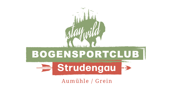 Logo für den Bogensportclub Strudengau: grüner, roter und weißer Text, Bäume, Pfeile und Tiersilhouetten.