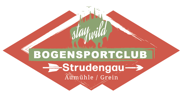 Logo für den Bogensportclub Strudengau: roter Diamant mit grünem Text, 